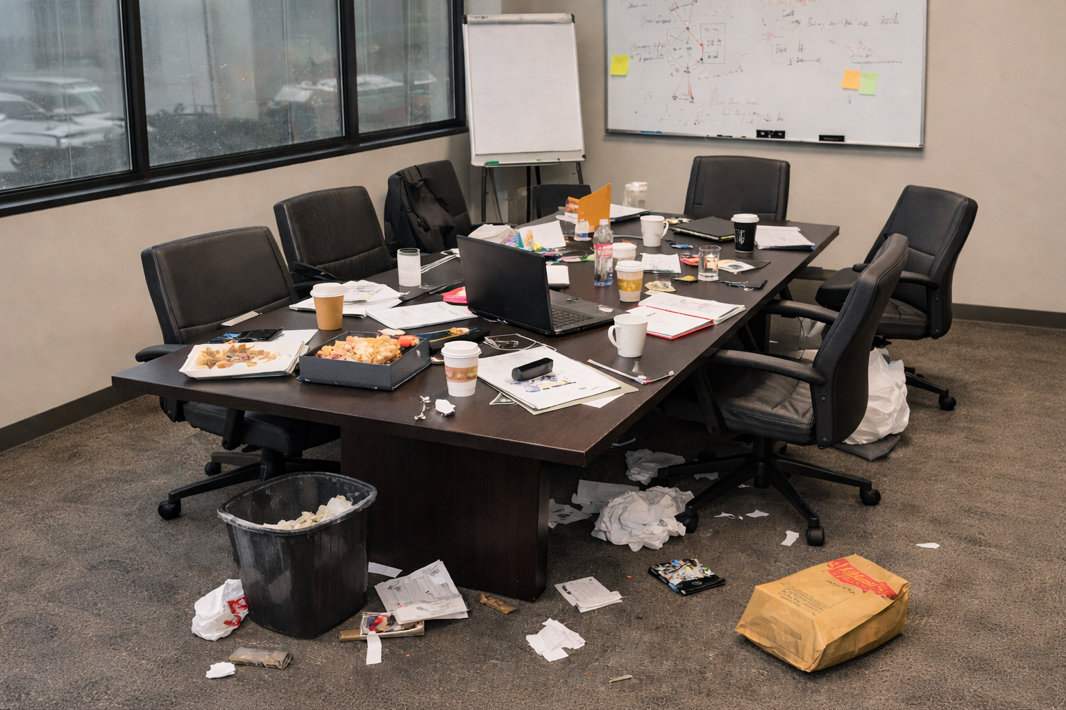 Messy conference room before Northern Star Cleaning deep clean