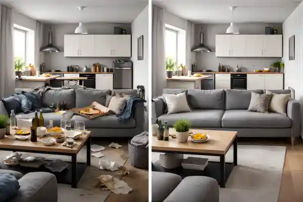 HMO Living Room and Kitchen Cleaning Before and After in Kersal