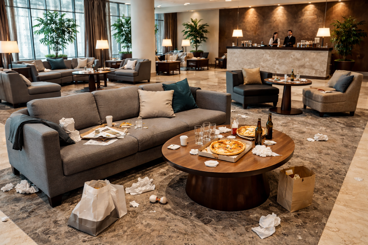 Messy hotel lobby before Northern Star Cleaning deep clean