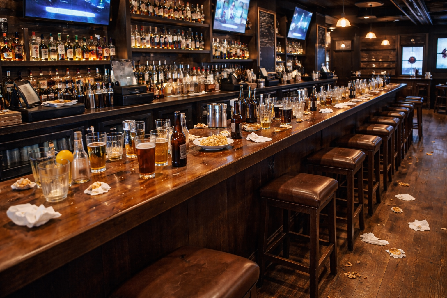 Messy pub bar area before Northern Star Cleaning deep clean