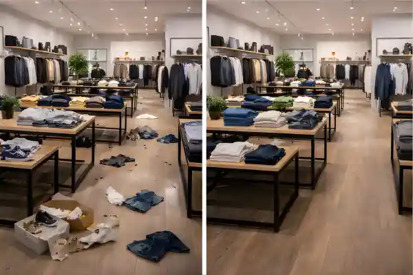 Retail shop floor cleaning before and after transformation