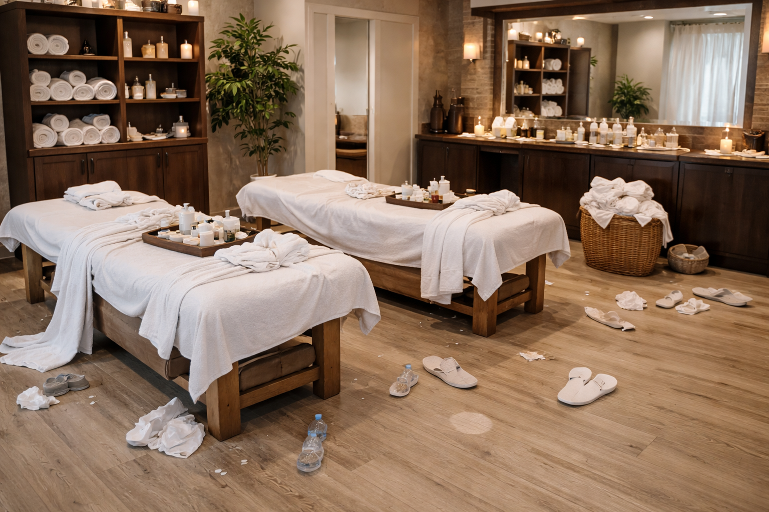 Messy spa treatment room before Northern Star Cleaning deep clean